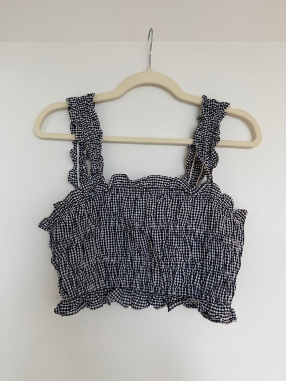 Maje Gingham Smocked Ruffle Crop Top Size S